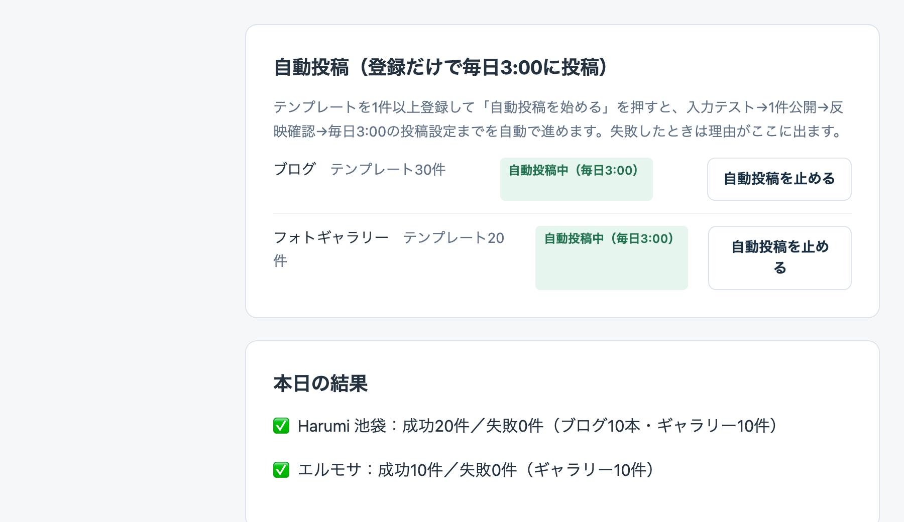 自動投稿を始めるボタンと本日の結果